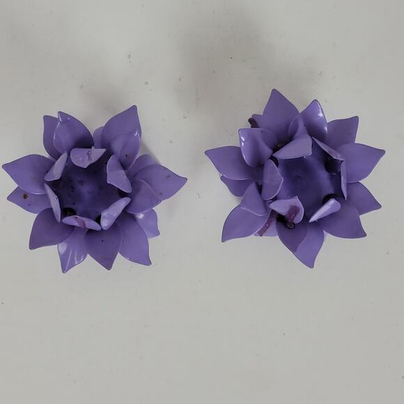 VINTAGE Lotus Flower Metal Purple Handmade Candle Holders Retro Set of 2 - Picture 3 of 13